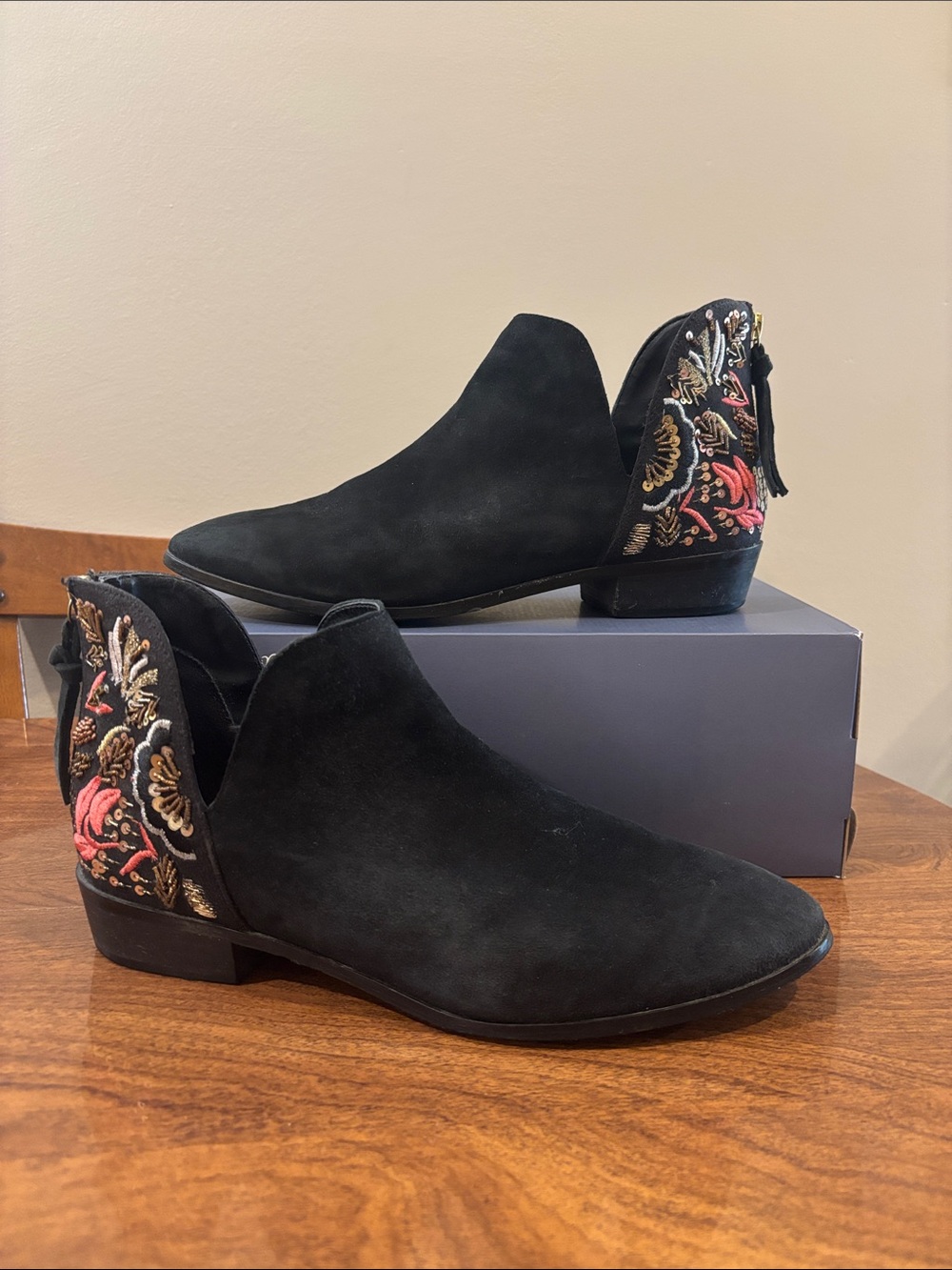Reaction Kenneth Cole Black Suede Ankle Booties with Embroidered Floral Heel